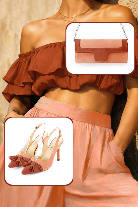 Women's terracotta orange and peach elegant slingback heels, with a bow on the front. Tapered toe. High spool heels - Top view